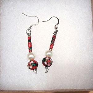 Vintage Flowered Red Cloisonné Bead with Pearl Drop Earrings